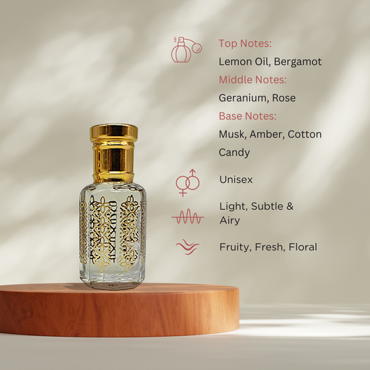 Fresco fresh floral fruity attar perfume oil bottle by ItraFashan - unisex, crisp, light - fragrance notes, fragrance gender, fragrance intensity, fragrance profile