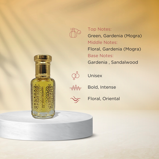 Mogra gardenia Indian floral attar perfume oil bottle by ItraFashan - bold and creamy - fragrance notes, fragrance gender, fragrance intensity, fragrance profile