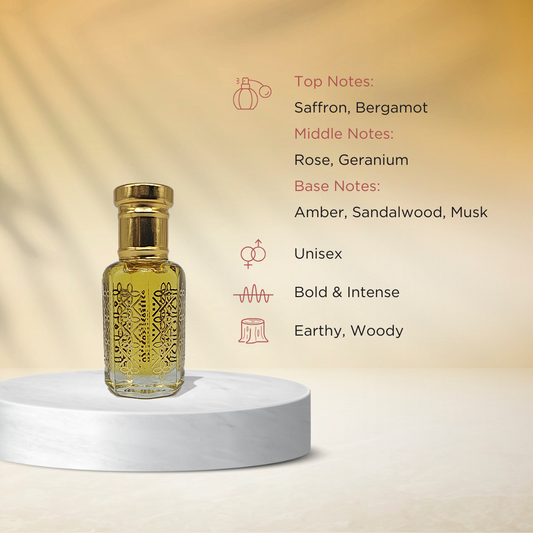 Musk Saffron spicy saffron musk attar perfume oil bottle by ItraFashan - luxurious unisex - fragrance notes, fragrance gender, fragrance intensity, fragrance profile