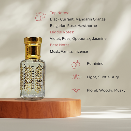 Naaz elegant feminine floral attar perfume oil bottle by ItraFashan - graceful and refined - fragrance notes, fragrance gender, fragrance intensity, fragrance profile