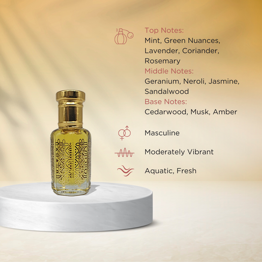 Narciss fresh aquatic attar perfume oil bottle for men by ItraFashan - modern and masculine - fragrance notes, fragrance gender, fragrance intensity, fragrance profile