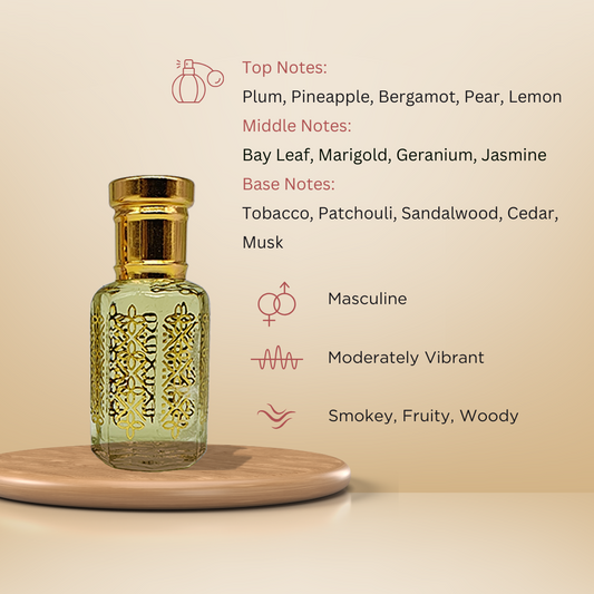 Spark bold smoky woody attar perfume oil bottle for men by ItraFashan - masculine and intense - fragrance notes, fragrance gender, fragrance intensity, fragrance profile