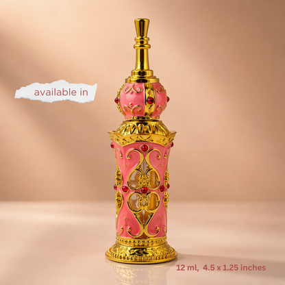 A decorative perfume bottle with a pink and gold design, featuring ornate filigree patterns and red jewel accents, shown on a neutral beige background with text overlays indicating size and availability.