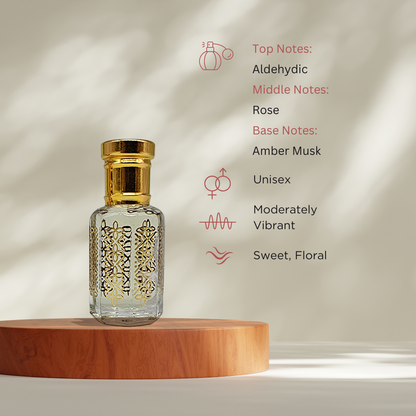 Aarzu rose & amber attar perfume oil bottle by ItraFashan - alcohol-free, vegan, unisex - fragrance notes, fragrance gender, fragrance intensity, fragrance profile
