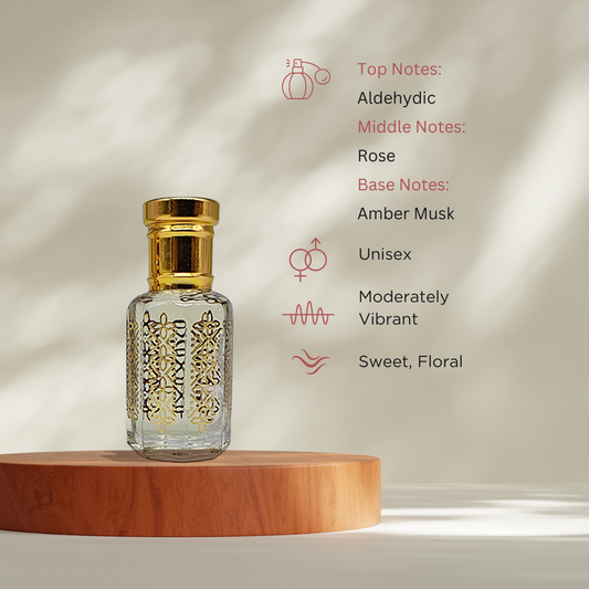 Aarzu rose & amber attar perfume oil bottle by ItraFashan - alcohol-free, vegan, unisex - fragrance notes, fragrance gender, fragrance intensity, fragrance profile