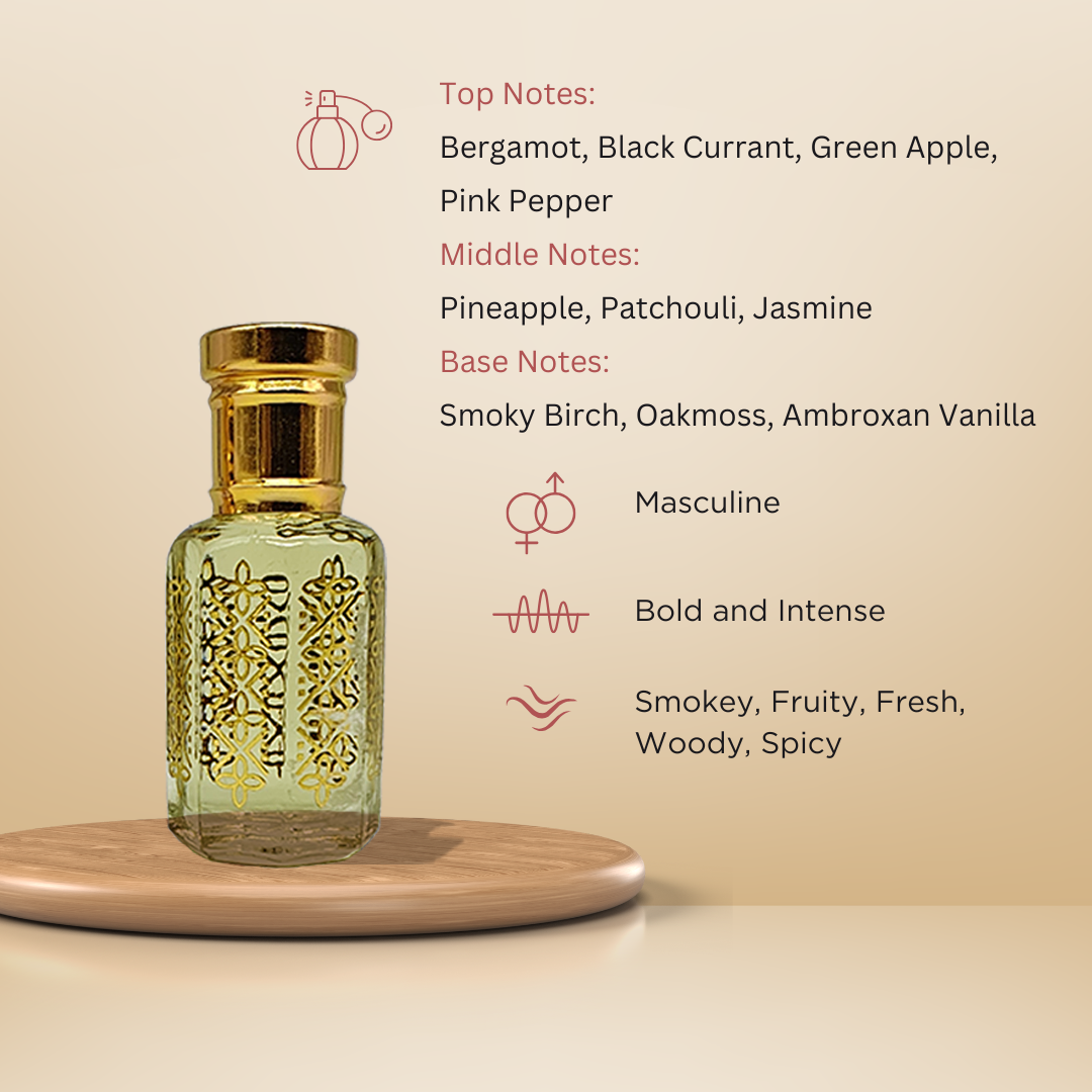 Adonis bold smoky woody attar perfume oil bottle for men by ItraFashan - fragrance notes, fragrance gender, fragrance intensity, fragrance profile