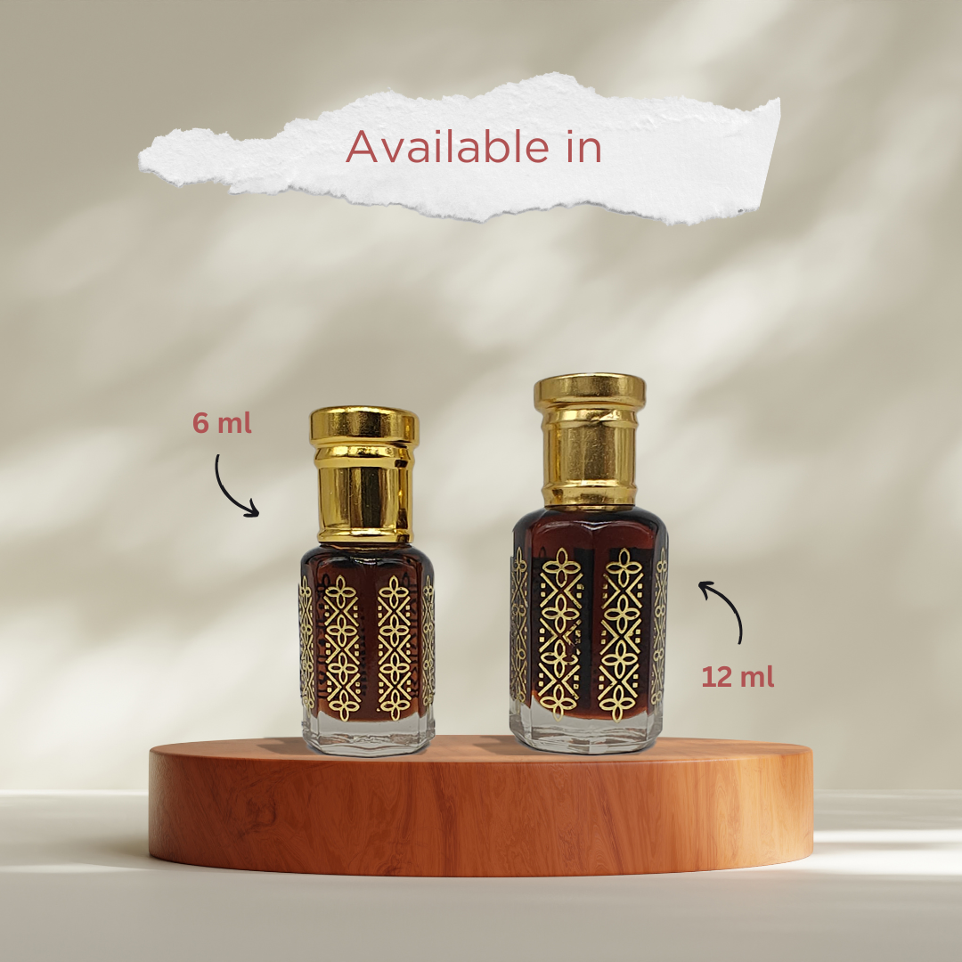 Amber warm resinous attar perfume oil bottle by ItraFashan - vegan, alcohol-free, unisex - shows comparison of 6 ml and 12 ml