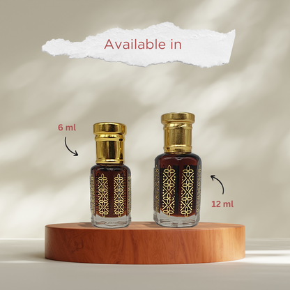 Amber warm resinous attar perfume oil bottle by ItraFashan - vegan, alcohol-free, unisex - shows comparison of 6 ml and 12 ml