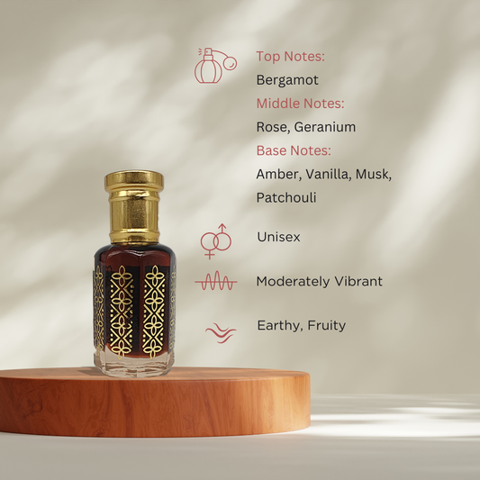 Amber warm resinous attar perfume oil bottle by ItraFashan - vegan, alcohol-free, unisex - fragrance notes, fragrance gender, fragrance intensity, fragrance profile