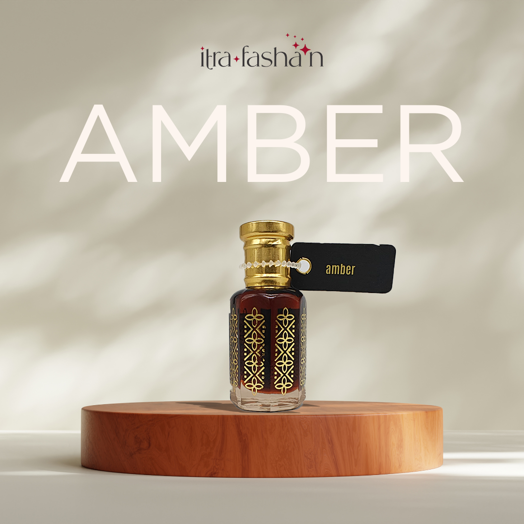 Amber warm resinous attar perfume oil bottle by ItraFashan - vegan, alcohol-free, unisex - in 6 ml travel size