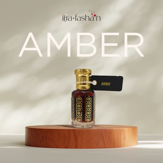 Amber warm resinous attar perfume oil bottle by ItraFashan - vegan, alcohol-free, unisex - in 6 ml travel size