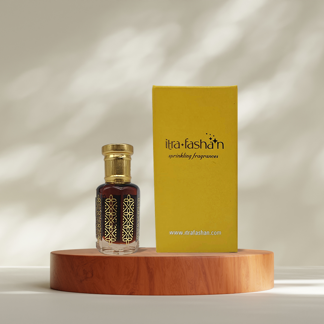 Amber warm resinous attar perfume oil bottle by ItraFashan - vegan, alcohol-free, unisex - shows packaging of 6 ml and 12 ml