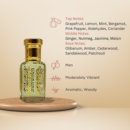 Ambre Arsh bold modern woody attar perfume oil bottle for men by ItraFashan - fragrance notes, fragrance gender, fragrance intensity, fragrance profile