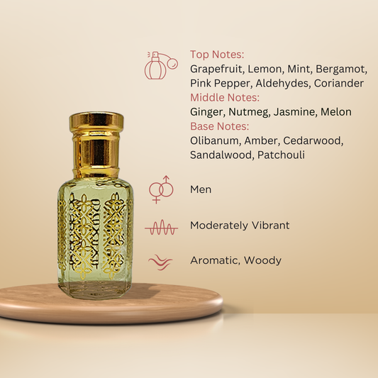 Ambre Arsh bold modern woody attar perfume oil bottle for men by ItraFashan - fragrance notes, fragrance gender, fragrance intensity, fragrance profile