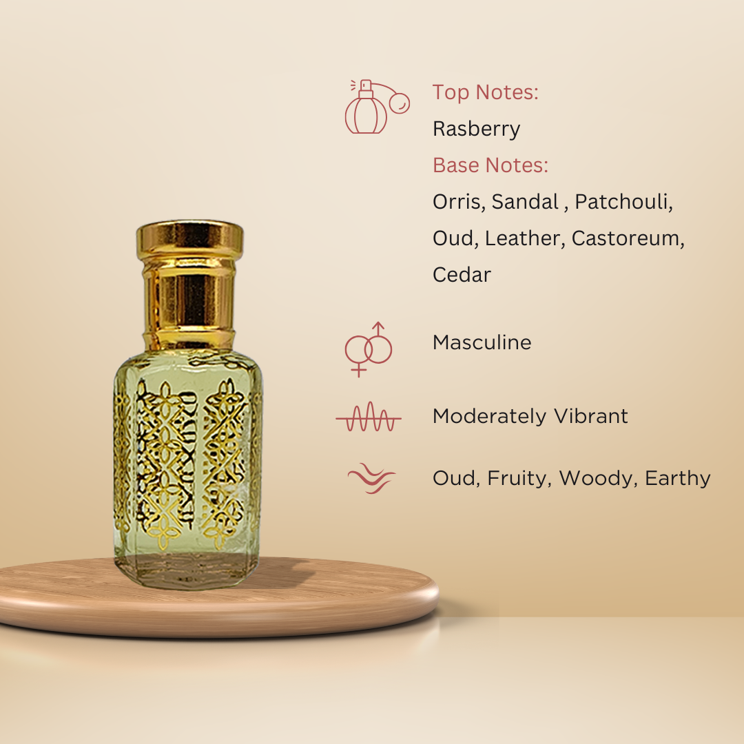 Arabian Knight bold oud attar perfume oil bottle for men by ItraFashan - fragrance notes, fragrance gender, fragrance intensity, fragrance profile