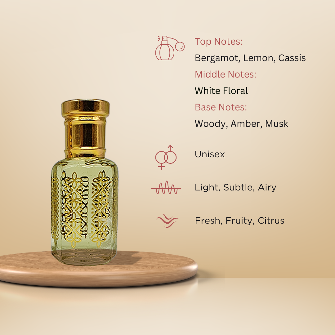 Bouquet fresh citrus floral attar perfume oil bottle by ItraFashan - unisex, light, vegan - fragrance notes, fragrance gender, fragrance intensity, fragrance profile