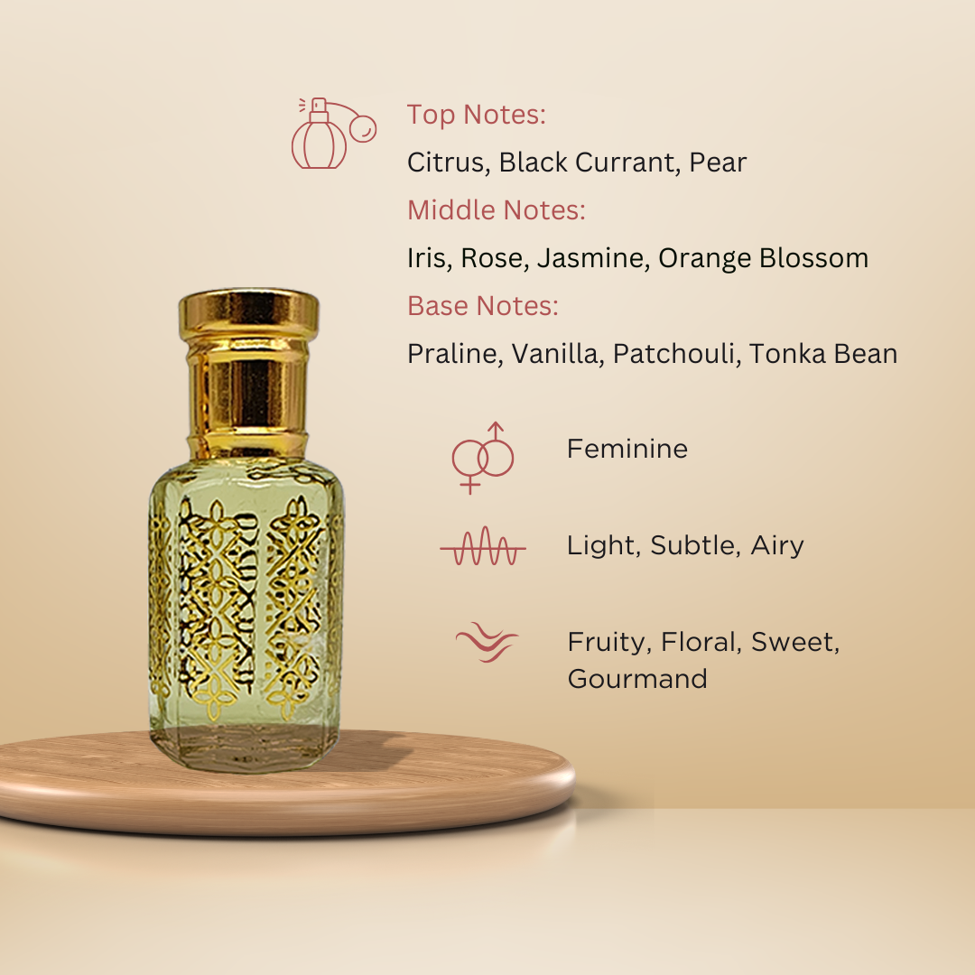 Elif sweet floral gourmand attar perfume oil bottle for women by ItraFashan - fragrance notes, fragrance gender, fragrance intensity, fragrance profile