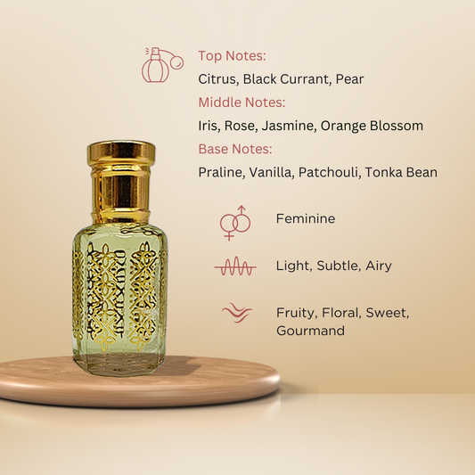 Elif sweet floral gourmand attar perfume oil bottle for women by ItraFashan - fragrance notes, fragrance gender, fragrance intensity, fragrance profile