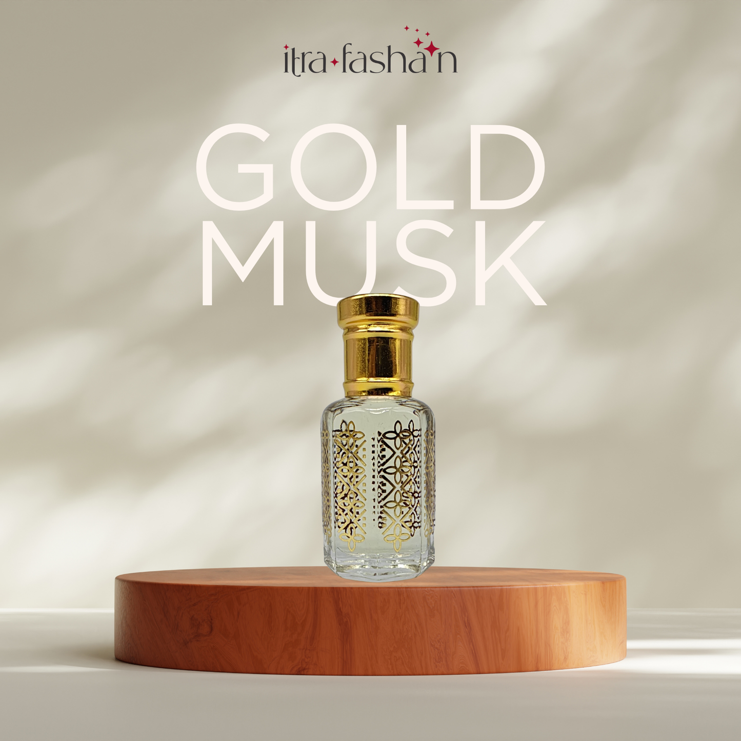 Gold Musk soft rose musk attar perfume oil bottle by ItraFashan - unisex, vegan, alcohol-free - in 6 ml travel size