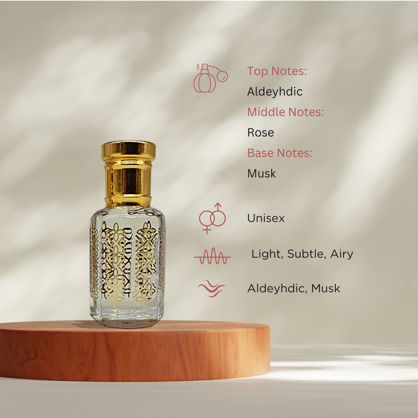 Gold Musk soft rose musk attar perfume oil bottle by ItraFashan - unisex, vegan, alcohol-free - fragrance notes, fragrance gender, fragrance intensity, fragrance profile