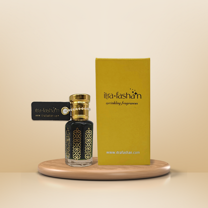 Jannatul Firdaus classic Indian oriental attar perfume oil bottle by ItraFashan - alcohol-free - shows packaging of 6 ml and 12 ml