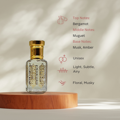 Musk Demure soft skin musk attar perfume oil bottle by ItraFashan - subtle, intimate, unisex - fragrance notes, fragrance gender, fragrance intensity, fragrance profile