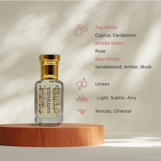 Mystik woody oriental attar perfume oil bottle for men by ItraFashan - refined and elegant - fragrance notes, fragrance gender, fragrance intensity, fragrance profile