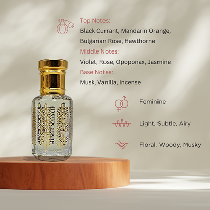 Naaz elegant feminine floral attar perfume oil bottle by ItraFashan - graceful and refined - fragrance notes, fragrance gender, fragrance intensity, fragrance profile