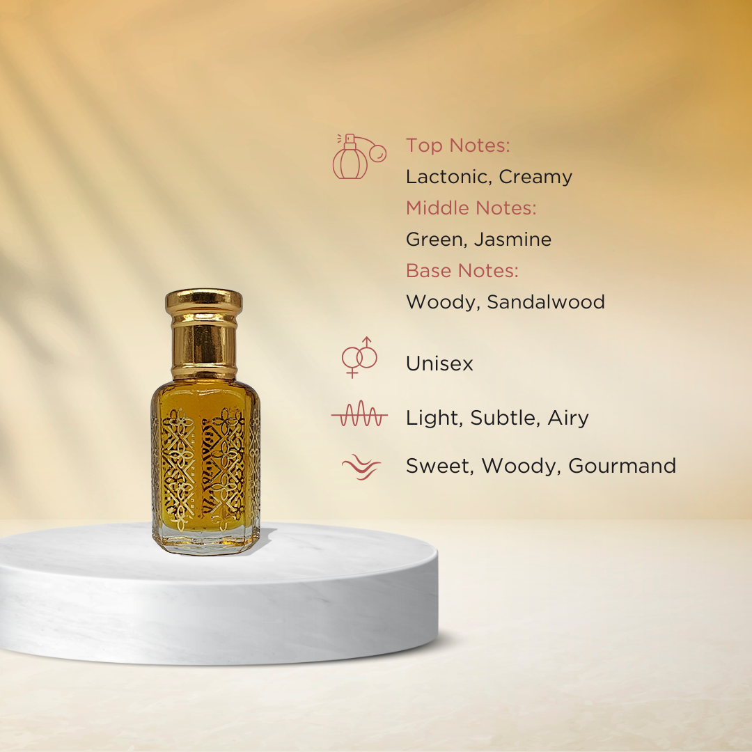 Sandal sacred sandalwood attar perfume oil bottle by ItraFashan - calming and meditative - fragrance notes, fragrance gender, fragrance intensity, fragrance profile