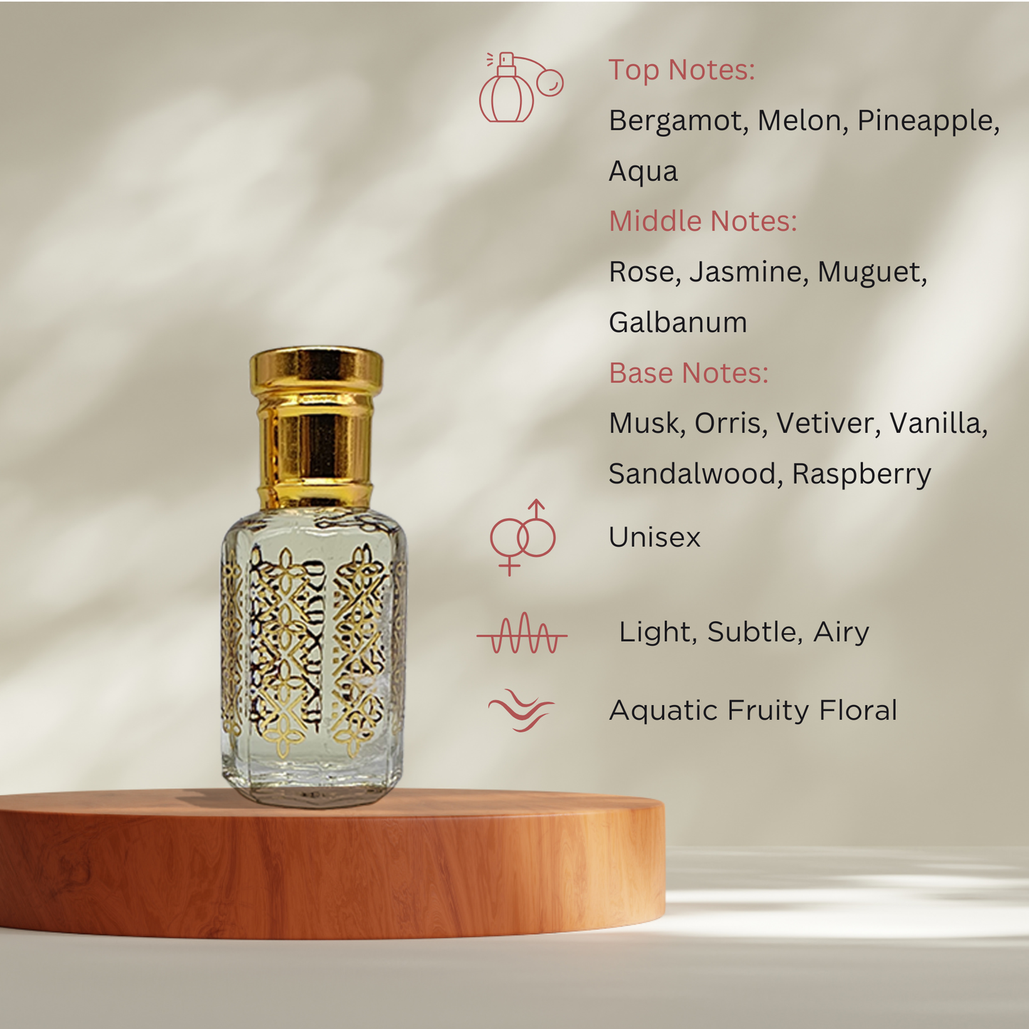 Somer fresh aquatic floral attar perfume oil bottle by ItraFashan - unisex, breezy, light - fragrance notes, fragrance gender, fragrance intensity, fragrance profile
