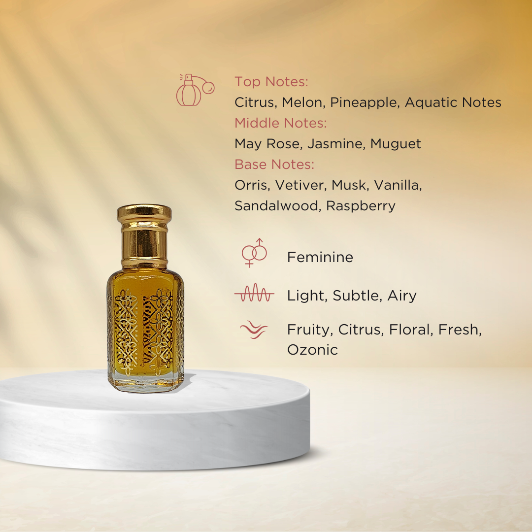 Surangi fresh citrus floral attar perfume oil bottle for women by ItraFashan - vibrant and joyful - fragrance notes, fragrance gender, fragrance intensity, fragrance profile