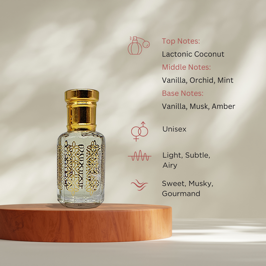 Vanilla Musk sweet gourmand attar perfume oil bottle by ItraFashan - unisex, vegan, alcohol-free - fragrance notes, fragrance gender, fragrance intensity, fragrance profile