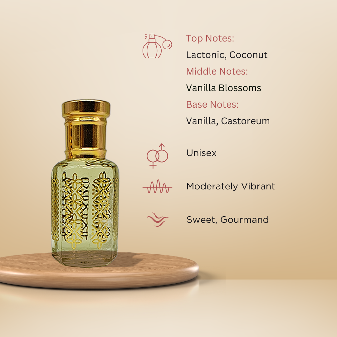 Vanilla pure sweet gourmand attar perfume oil bottle by ItraFashan - unisex, classic, comforting - fragrance notes, fragrance gender, fragrance intensity, fragrance profile